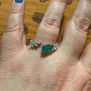 Bomb Party Green Stone Silver Tone Open Wrap Ring Adjustable 8/9